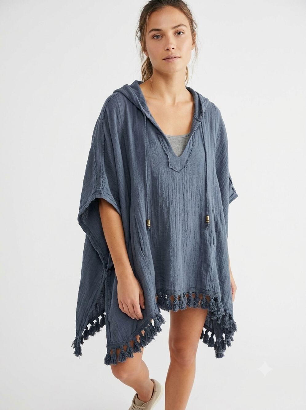 Free People Poncho Jacket Women's S Blue Fringe Tassel Cape Hooded Cold Sleeve